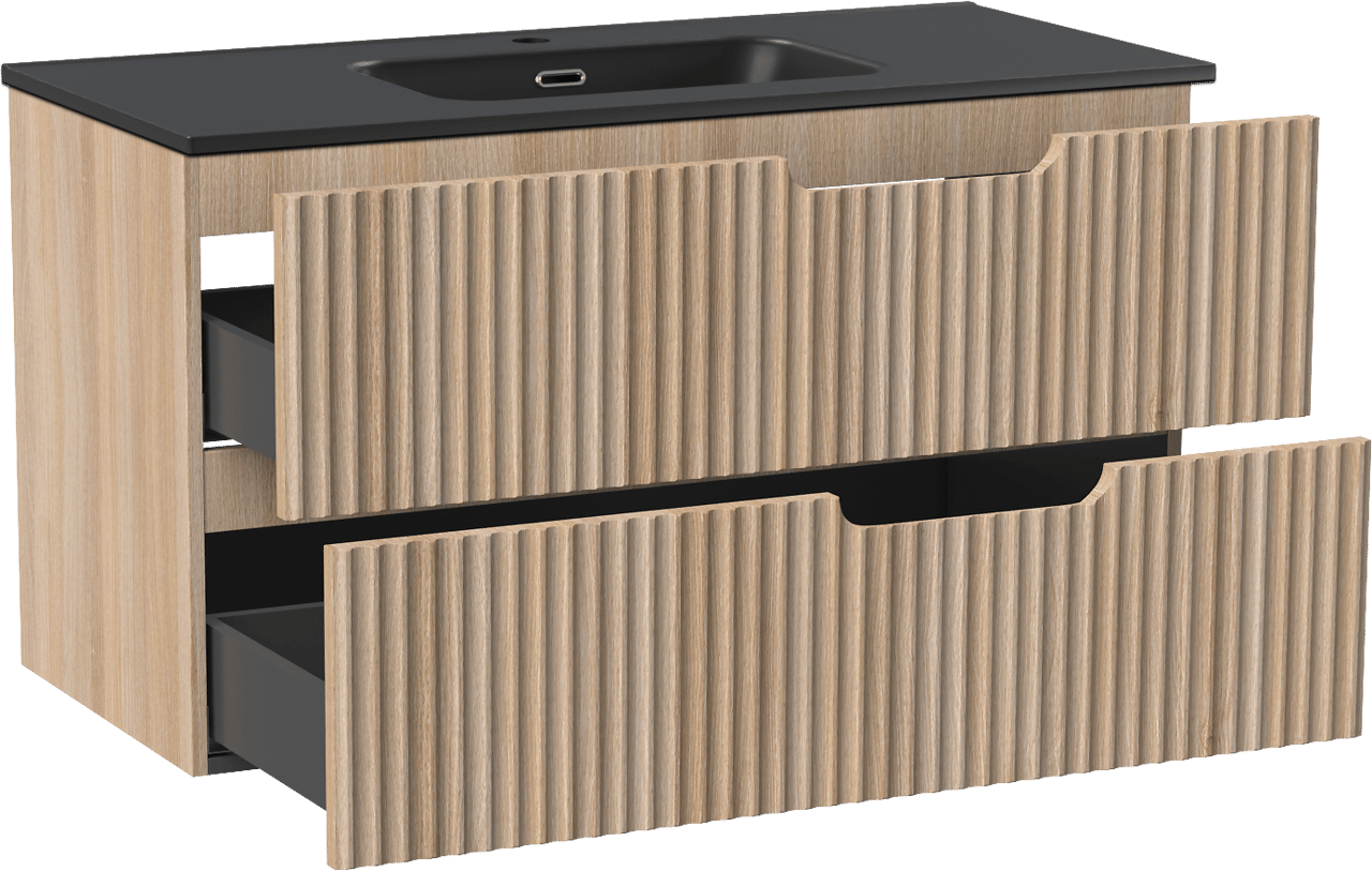Linie Ribbo zwevend badmeubel 100 x 46 cm licht eiken met Baro enkele wastafel in porselein mat zwart, Verticale symmetrische ronde ribbel