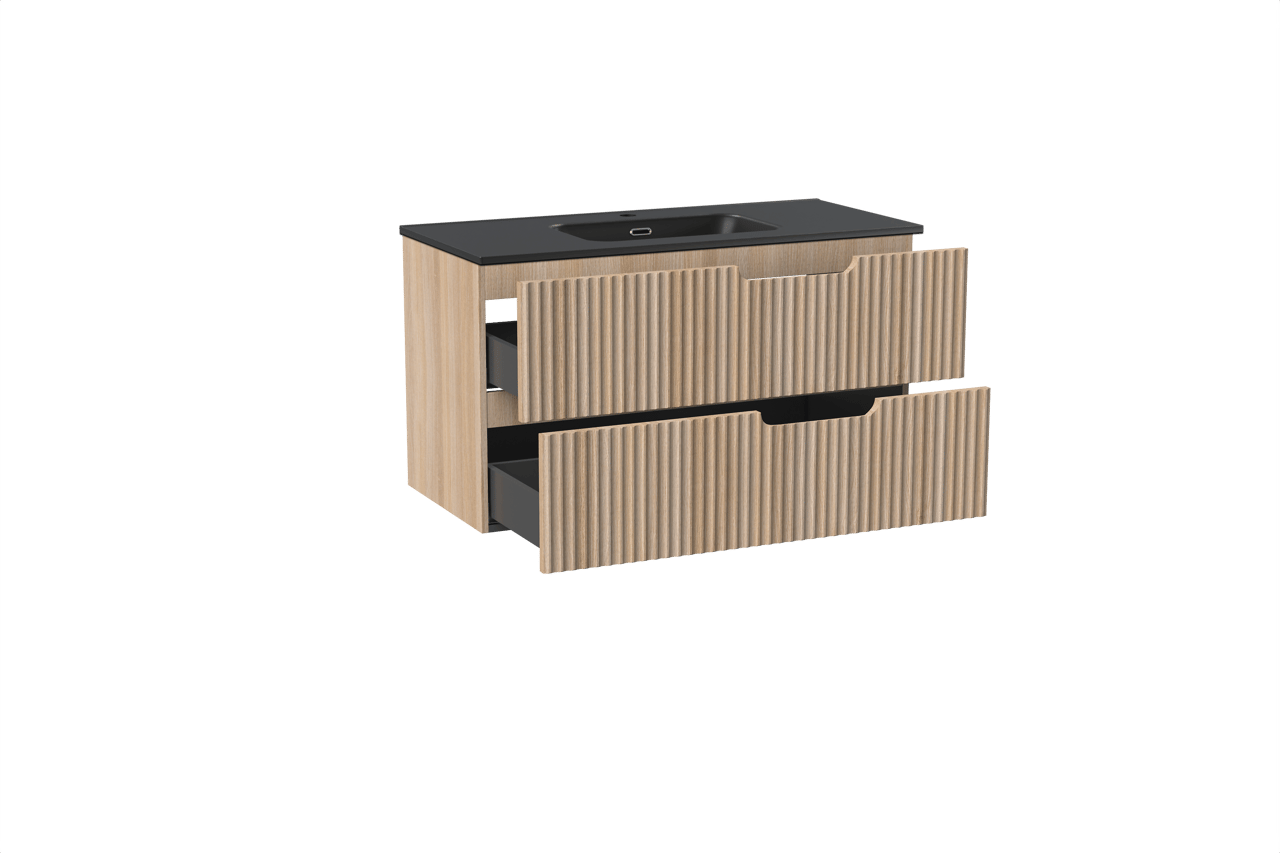 Linie Ribbo zwevend badkamermeubel 100 x 46 cm lichte eik met Baro enkele wastafel in porselein mat zwart, Verticale symmetrische ronde ribbel