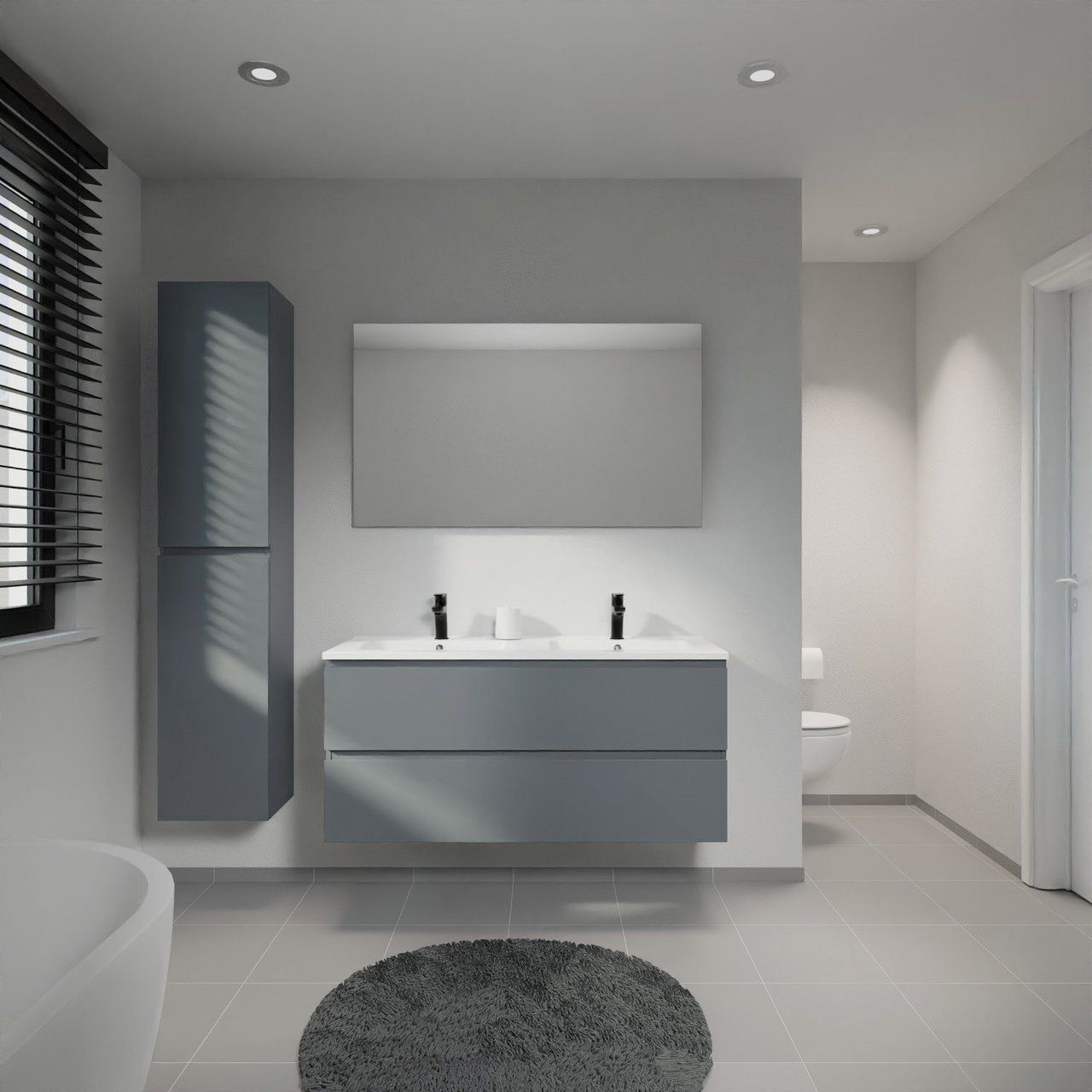 Linie Lado meuble salle de bains suspendu 120 x 46 cm bleu anthracite avec Vano double vasque en marbre composite blanc brillant