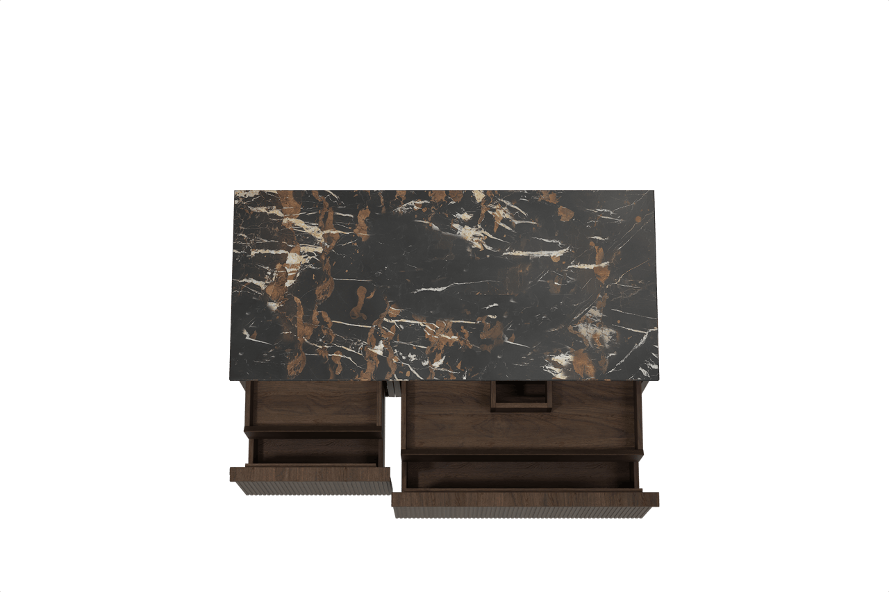 Balmani Forma meuble salle de bains suspendu 120 x 55 cm chêne fumé avec Stretto tablette simple en marbre portoro gold, Nervure droite symétrique verticale