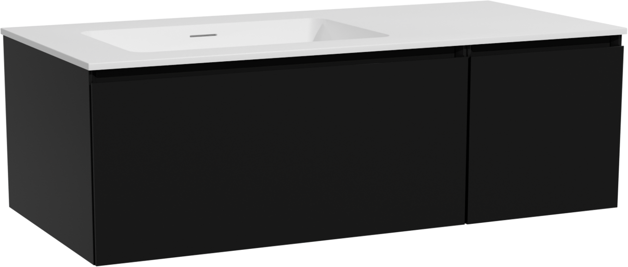 Storke Edge zwevend badmeubel 110 x 52 cm mat zwart met Mata asymmetrisch linkse wastafel in solid surface mat wit