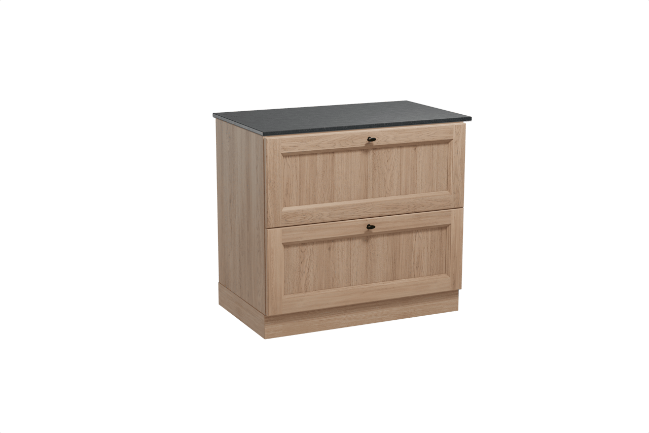 Balmani Lemon freistehendes Möbelstück Set: 90 x 55 cm, Verwitterte Eiche, mit Stretto Einzel Waschtischplatte, Schwarzes Granit