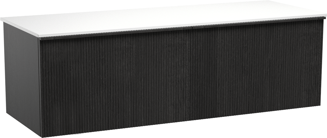 Balmani Forma hängendes Möbelstück Set: 150 x 55 cm, Schwarze Eiche, mit Stretto Einzel- oder Doppel Waschtischplatte, Solid Surface, Weiß matt, Vertikale symmetrische gerade Rippe