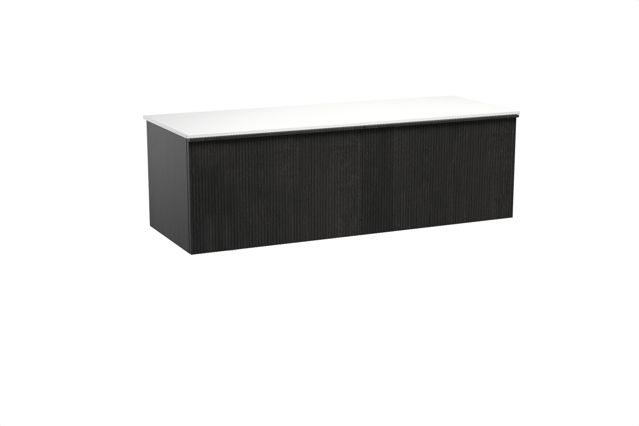 Balmani Forma hängendes Möbelstück Set: 150 x 55 cm, Schwarze Eiche, mit Stretto Einzel- oder Doppel Waschtischplatte, Solid Surface, Weiß matt, Vertikale symmetrische gerade Rippe