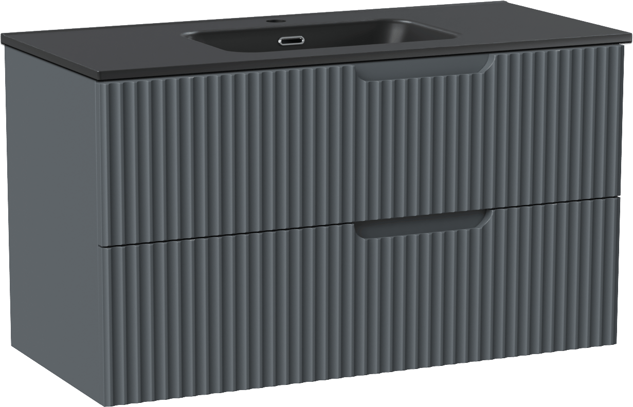 Linie Ribbo zwevend badmeubel 100 x 46 cm blauw antraciet met Baro enkele wastafel in porselein mat zwart, Verticale symmetrische ronde ribbel