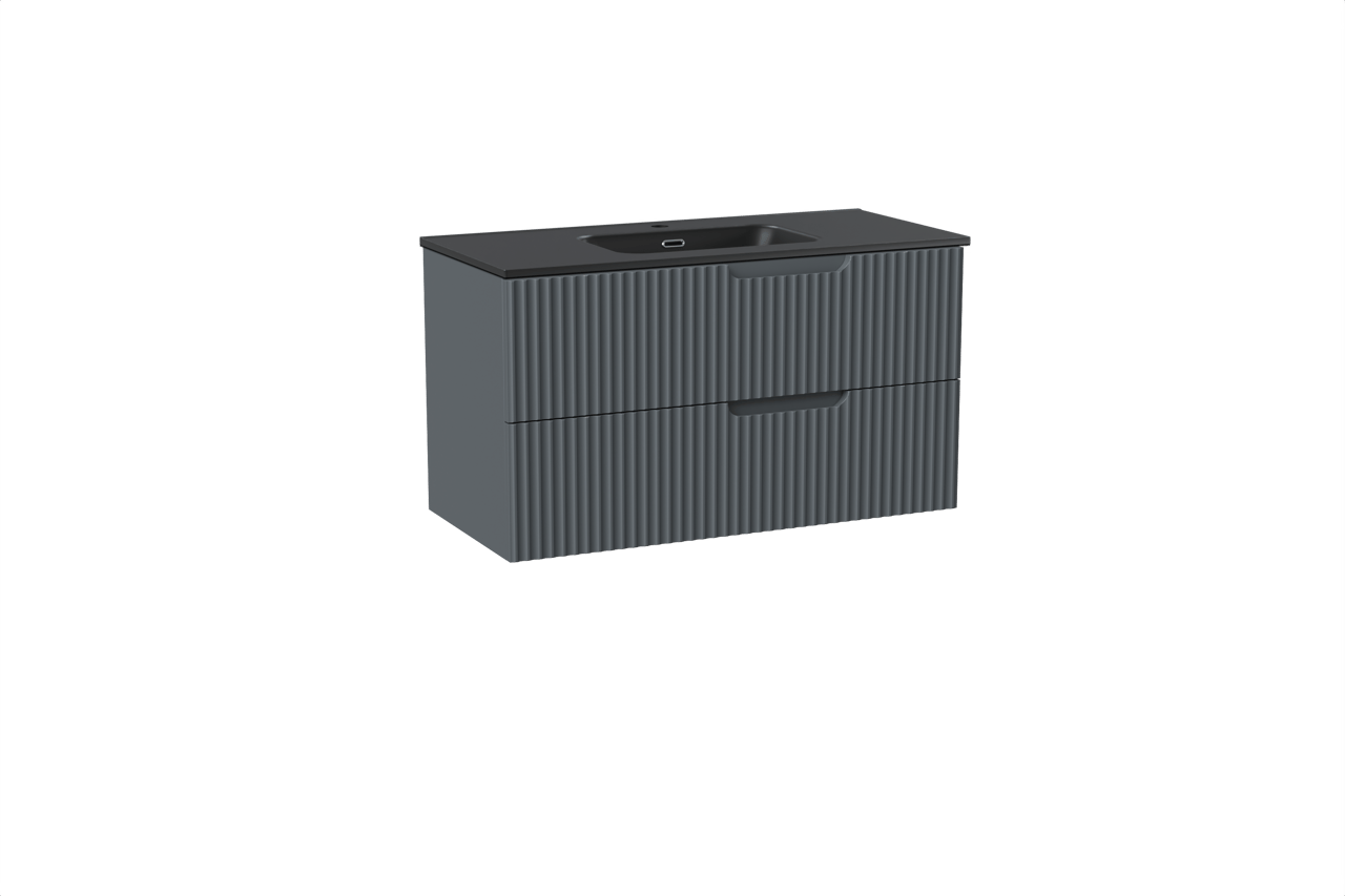 Linie Ribbo meuble salle de bains suspendu 100 x 46 cm bleu anthracite avec Baro plan simple en porcelaine noir mat, Nervure circulaire symétrique verticale