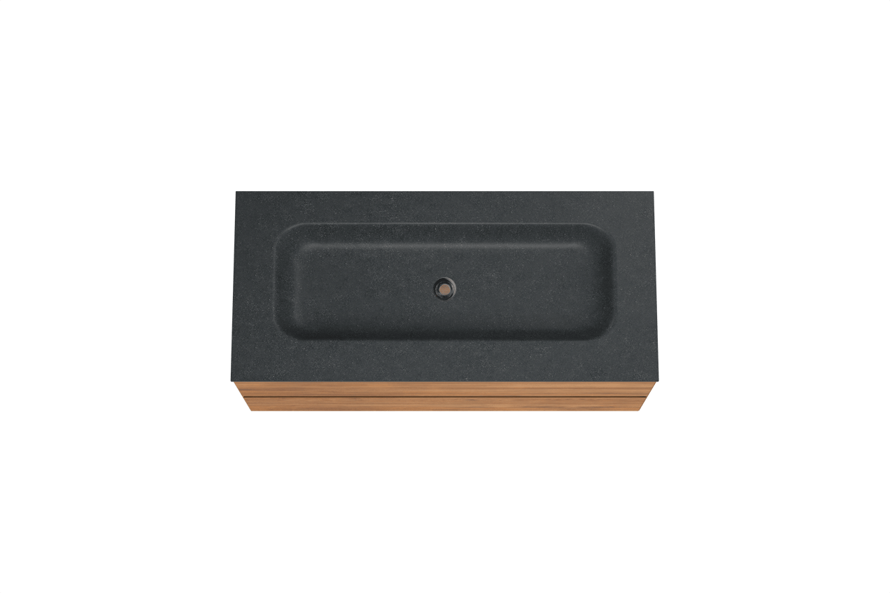 Balmani Mitra hängendes Möbelstück Set: 120 x 55 cm, Teak, mit Tablo Arcato Einzelwaschtisch für 2 Armaturenlöcher, Schwarzes Granit