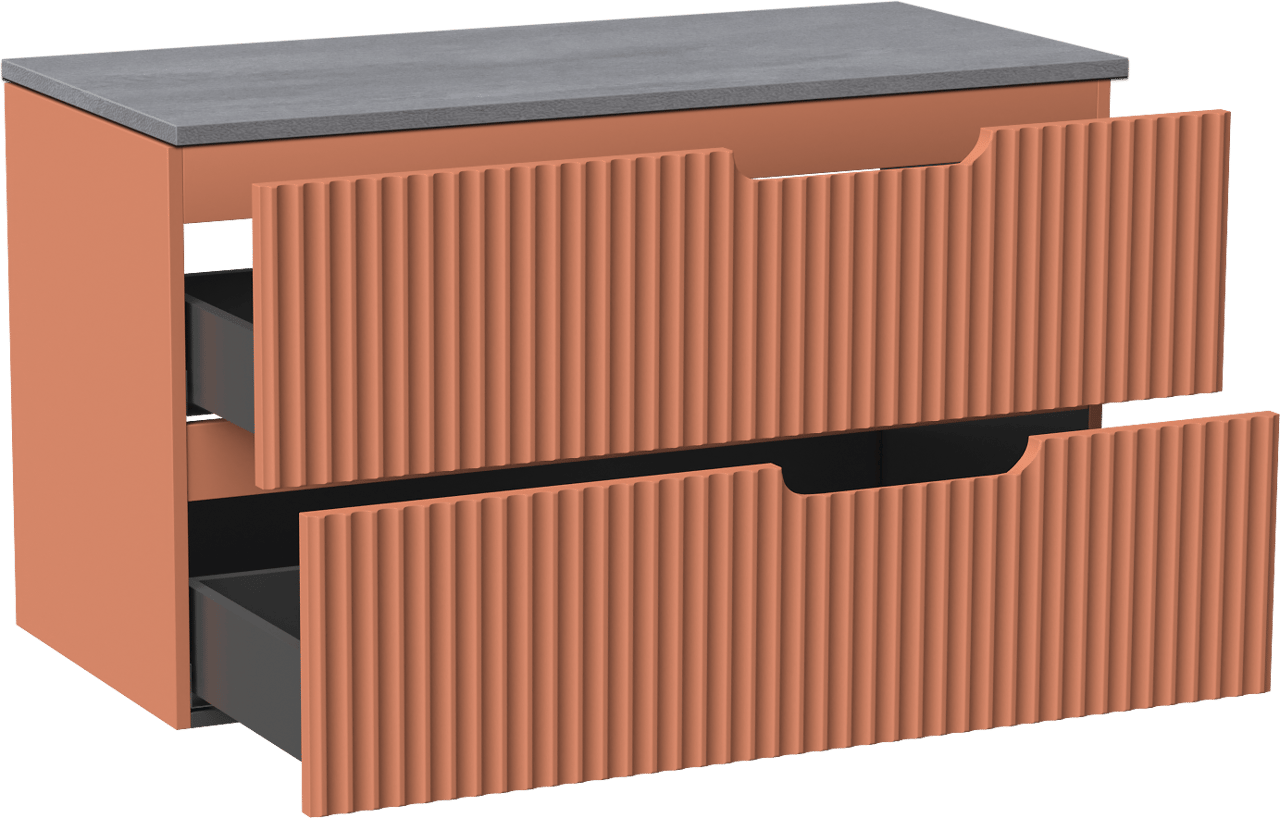 Linie Ribbo zwevend badmeubel 100 x 46 cm cotto met Lado enkel of dubbel wastafelblad in melamine beton donkergrijs, Verticale symmetrische ronde ribbel