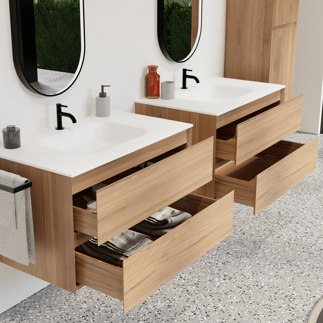 Balmani Mitra meuble salle de bains suspendu 90 x 55 cm teck avec Tablo Arcato plan simple en solid surface blanc mat