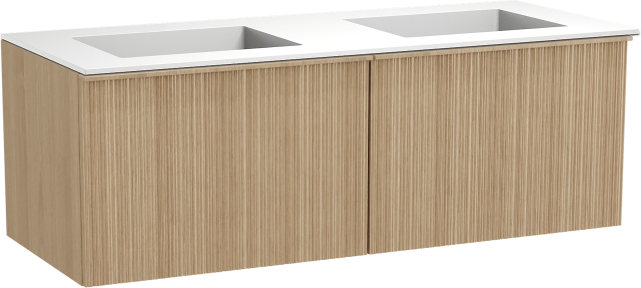 Balmani Forma zwevend badmeubel 135 x 55 cm naturel eiken met Tablo Stretto dubbele wastafel in solid surface mat wit, Verticale asymmetrische ronde ribbel