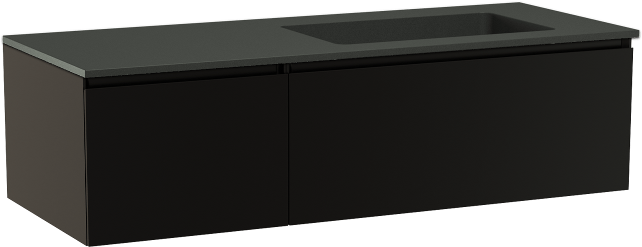 Storke Edge zwevend badmeubel 130 x 52 cm mat zwart met Scuro asymmetrisch rechtse wastafel in kwarts mat zwart