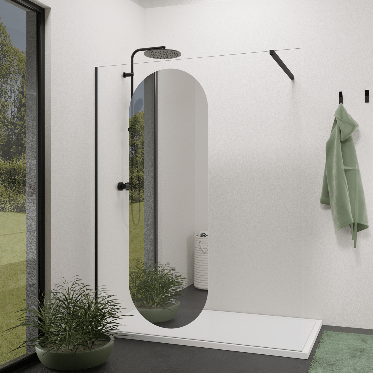 Balmani Modular Duschwand Glas: Spiegelglas (Reflex), oval, 156 x 200 cm