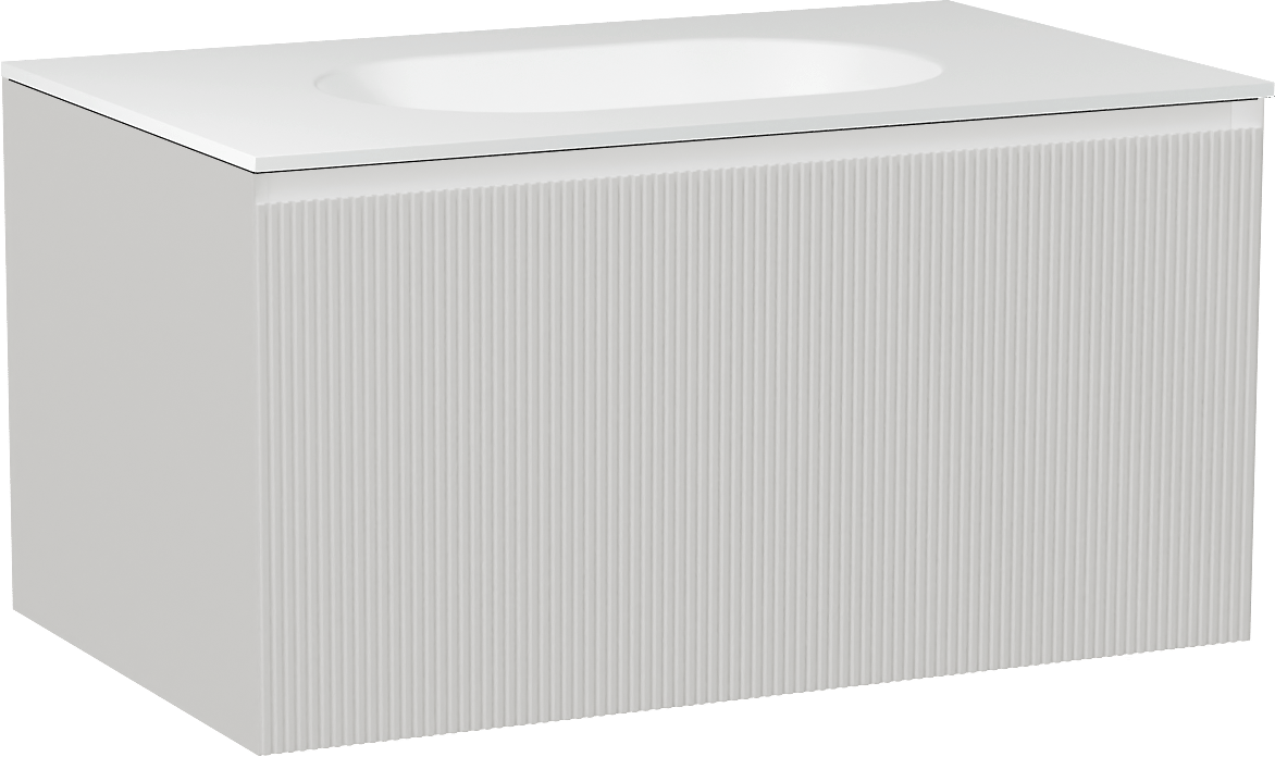 Balmani Fila zwevend badmeubel 90 x 55 cm mat wit met Tablo Oval enkele wastafel in solid surface mat wit, Verticale symmetrische rechte ribbel