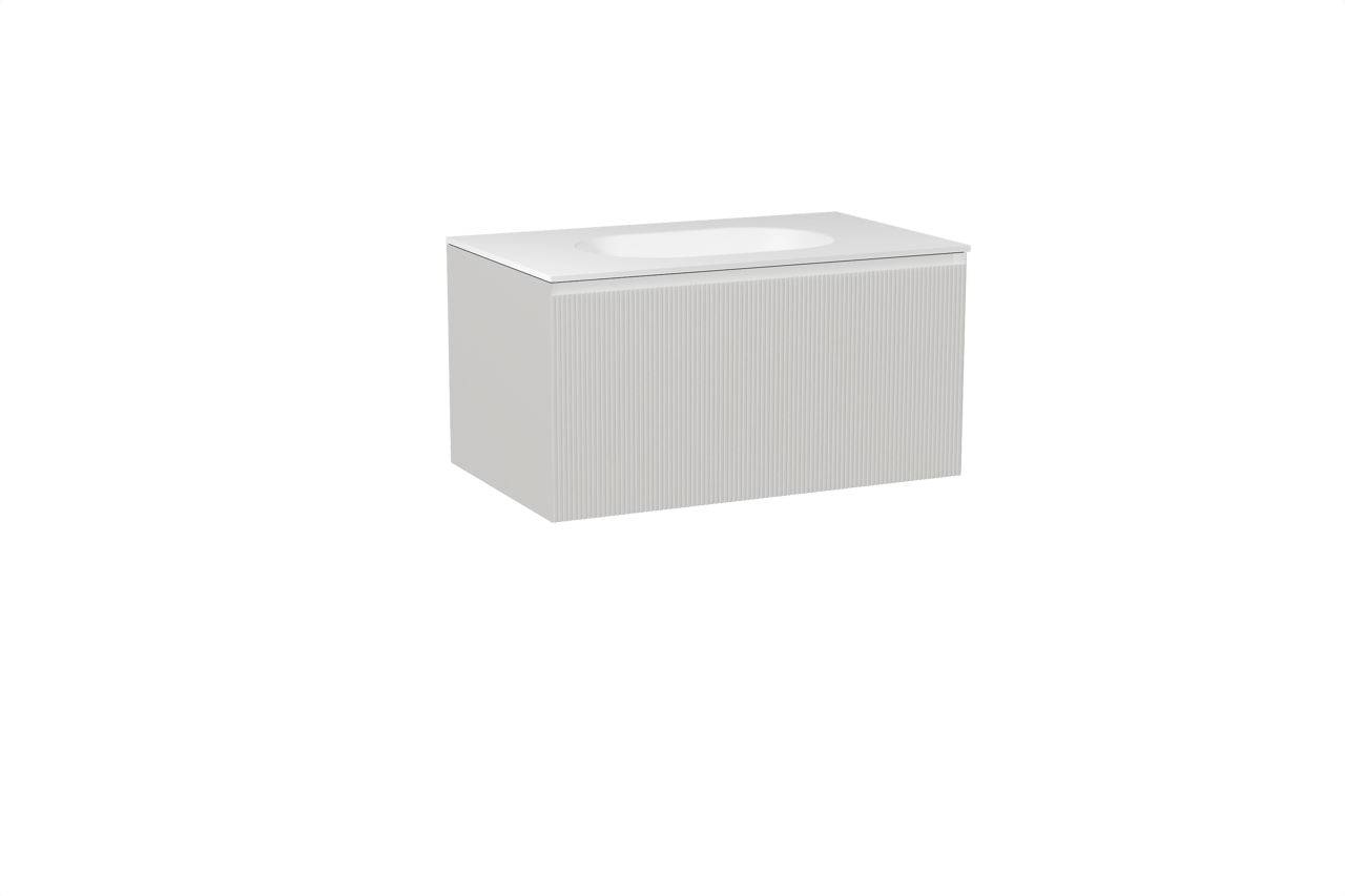 Balmani Fila hängendes Möbelstück Set: 90 x 55 cm, Weiß matt, mit Tablo Oval Einzelwaschtisch, Solid Surface, Weiß matt, Vertikale symmetrische gerade Rippe