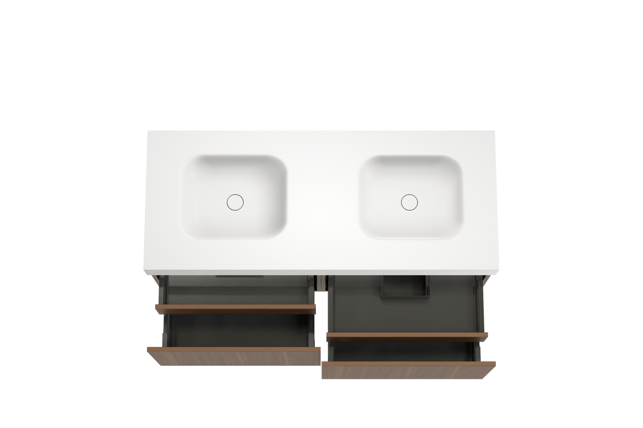 Balmani Sfera meuble salle de bains suspendu 135 x 55 cm noyer américain avec Arcato double vasque en solid surface blanc mat