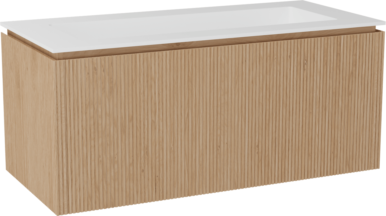 Balmani Eclips zwevend badkamermeubel 120 x 55 cm Natuur eik met Tablo Stretto enkele wastafel in Solid Surface mat wit, Verticale symmetrische rechte ribbel