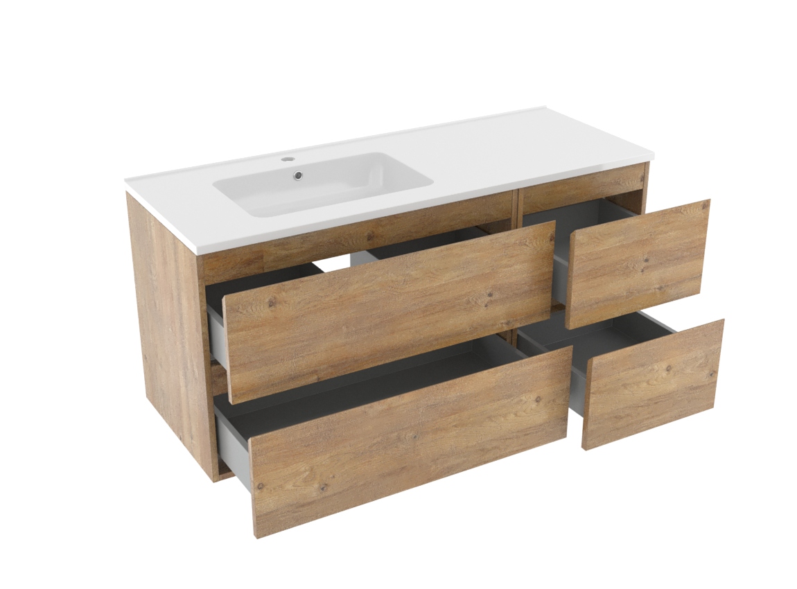 Linie Lado zwevend badkamermeubel 120 x 46 cm natuur eik met Vano asymmetrisch linkse wastafel in composietmarmer glanzend wit