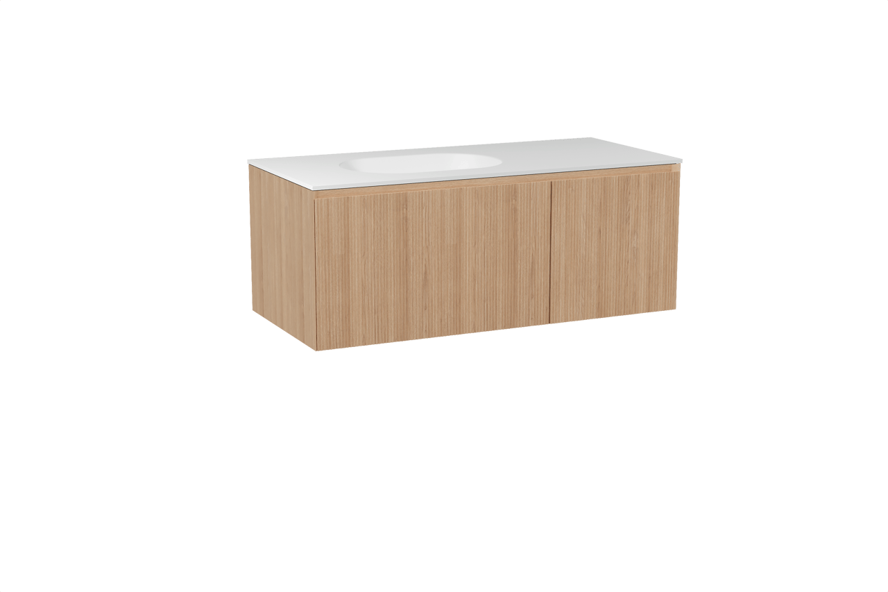 Balmani Fila meuble salle de bains suspendu 120 x 55 cm chêne naturel avec Tablo Oval vasque asymétrique gauche en solid surface blanc mat, Nervure droite symétrique verticale
