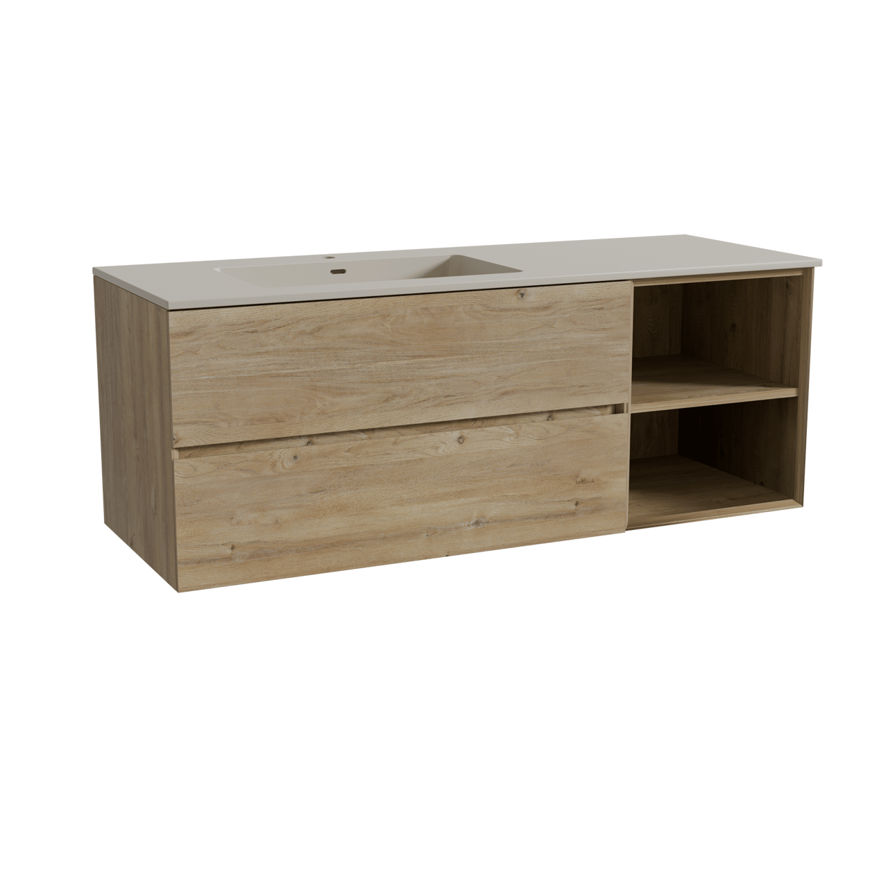 Storke Edge meuble salle de bains suspendu 140 x 52 cm chêne brut avec Diva vasque asymétrique gauche en top solid soie grise