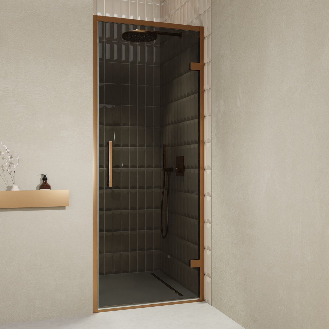 Balmani Senses Design porte pivotante à droite 90 cm x 210 cm verre fumé, Profil Brushed Rosegold, coating inclus