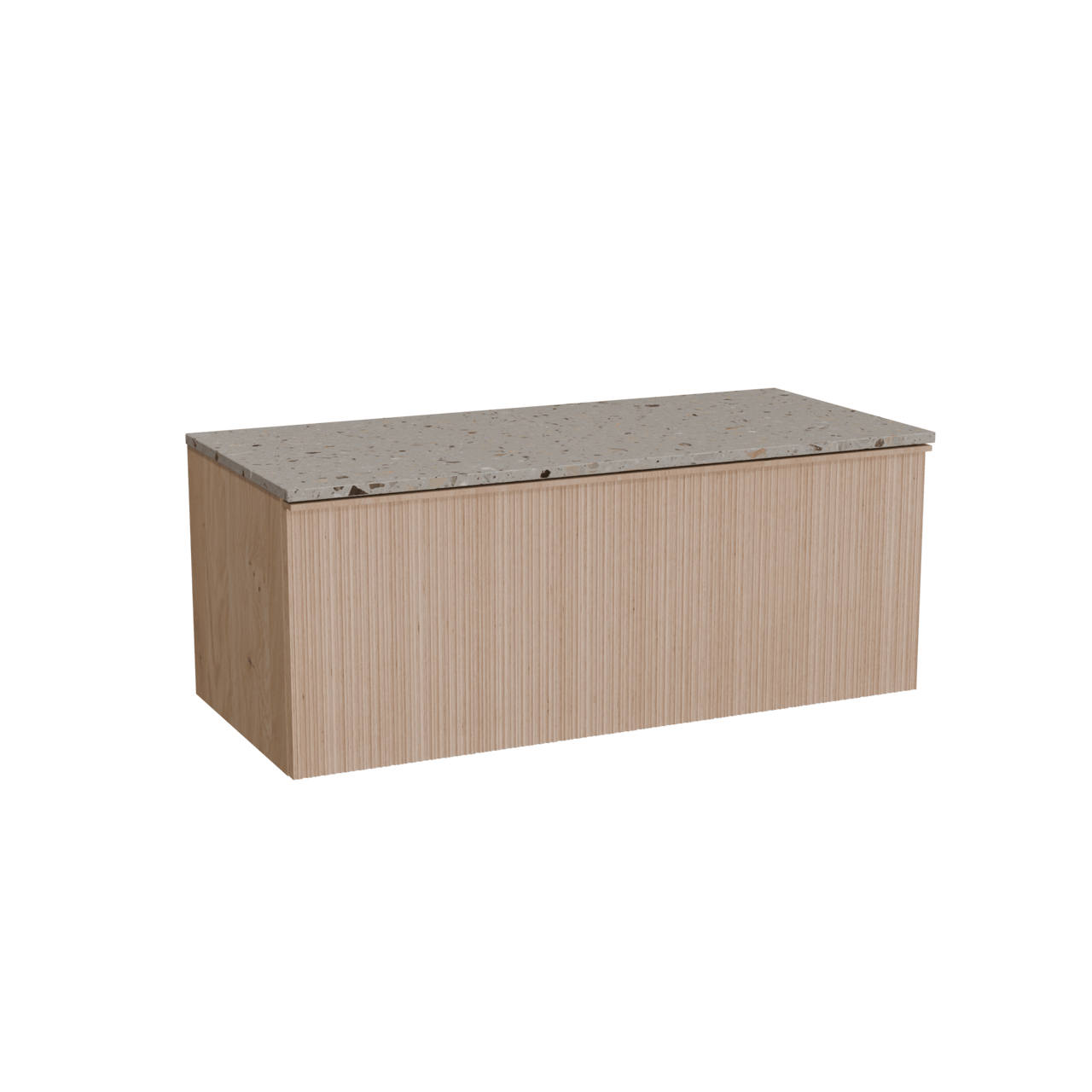 Balmani Forma zwevend badkamermeubel 120 x 55 cm natuur eik met Stretto enkel of dubbel tablet in terrazzo greige terrazzo, Verticale asymmetrische ronde ribbel