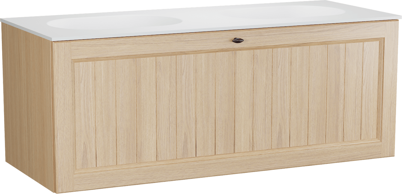 Balmani Lemon zwevend badkamermeubel 135 x 55 cm, fineer natuur eik met Tablo Oval dubbele wastafel in mat wit