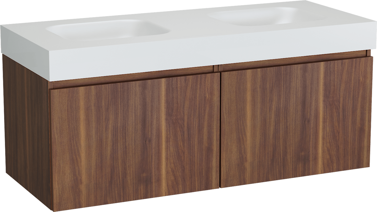 Balmani Sfera meuble salle de bains suspendu 135 x 55 cm noyer américain avec Arcato double vasque en solid surface blanc mat