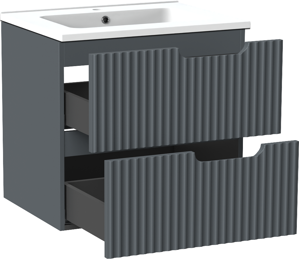 Linie Ribbo zwevend badkamermeubel 60 x 46 cm blauw antraciet met Vano enkele wastafel in composietmarmer mat wit, Verticale symmetrische ronde ribbel