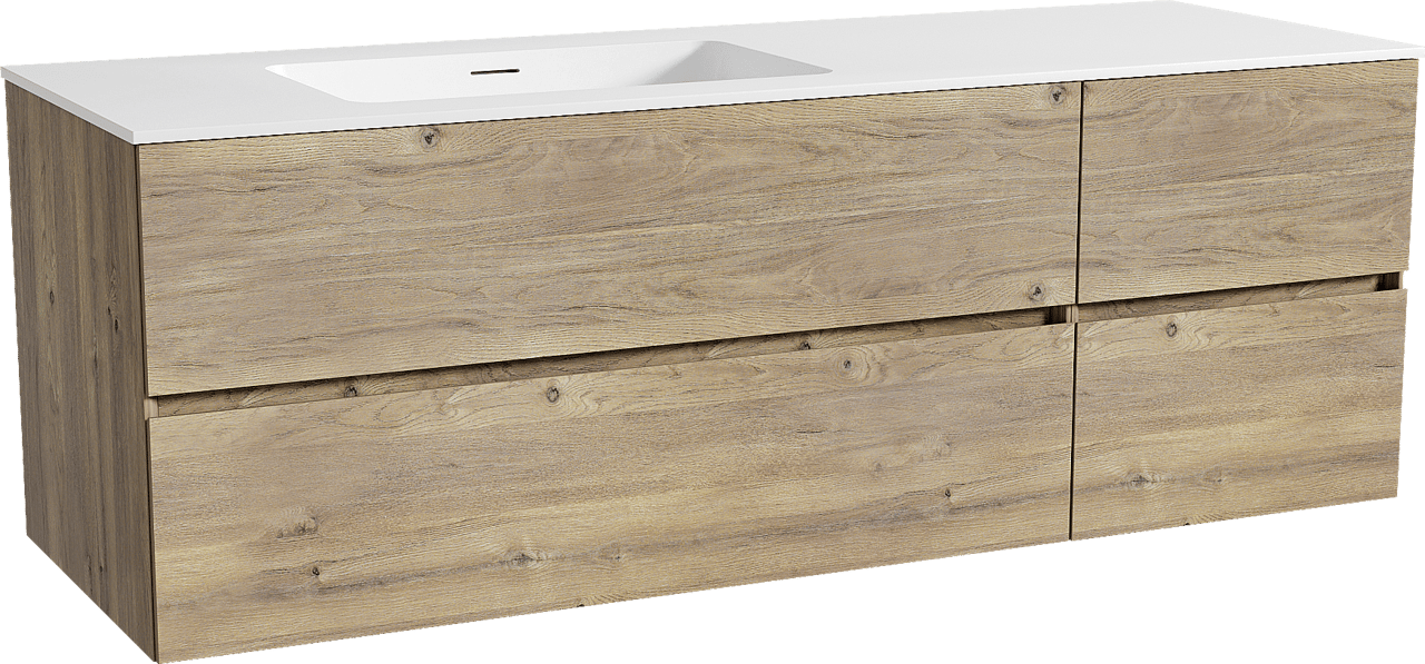 Storke Edge meuble salle de bains suspendu 150 x 52 cm chêne brut avec Mata plan vasque asymétrique à gauche en solid surface blanc mat