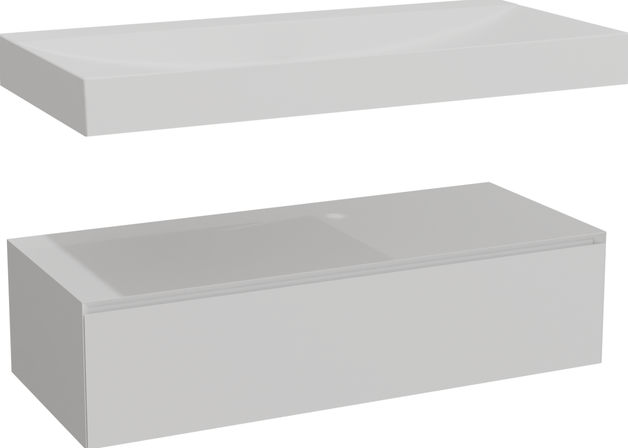 Balmani Mitra Elements hängendes Möbelstück Set: 120 x 55 cm, Weiß matt mit Wave Einzelwaschtisch für 2 Armaturenlöcher, Solid Surface Weiß matt