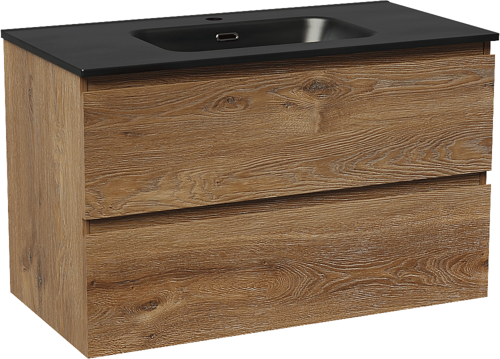 Linie Lado meuble salle de bains suspendu 90 x 46 cm chêne brun avec Baro plan simple en porcelaine noir mat