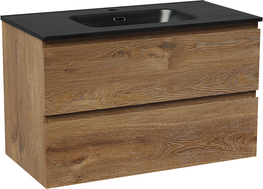 Linie Lado meuble salle de bains suspendu 90 x 46 cm chêne brun avec Baro plan simple en porcelaine noir mat