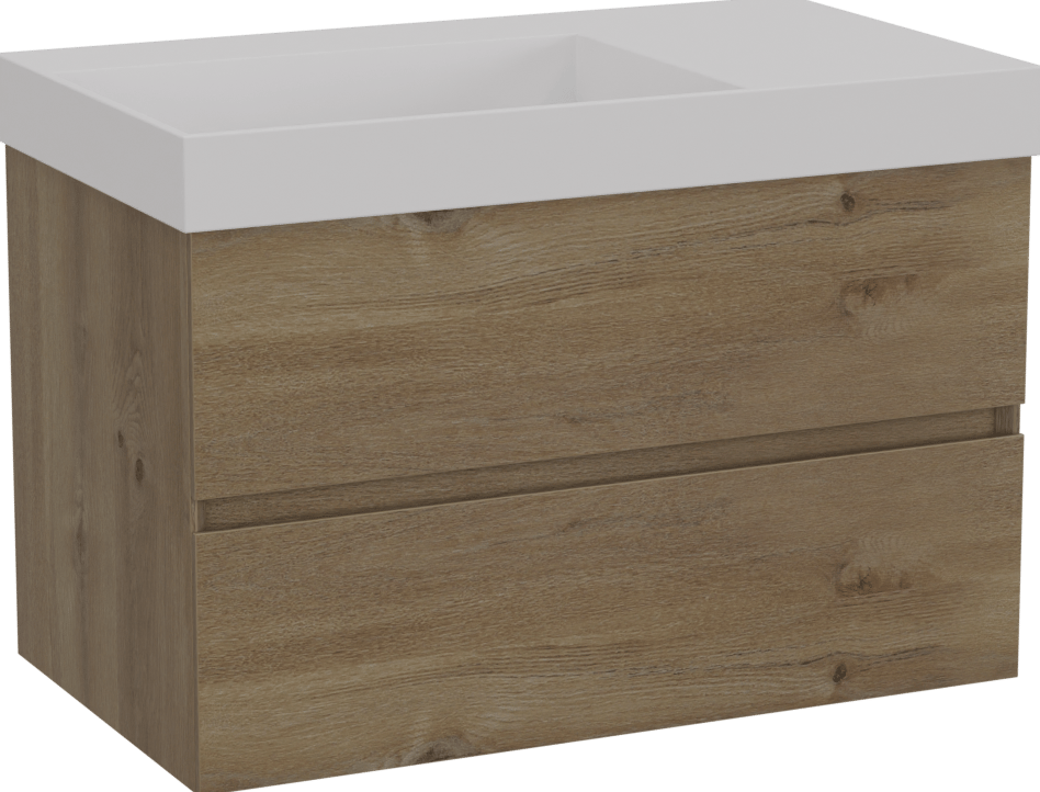 Storke Edge hängendes Möbelstück Set: 80 x 46 cm, Rohe Eiche, mit Jura Waschtisch links, Solid Surface Weiß matt