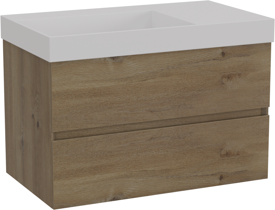 Storke Edge hängendes Möbelstück Set: 80 x 46 cm, Rohe Eiche, mit Jura Waschtisch links, Solid Surface Weiß matt