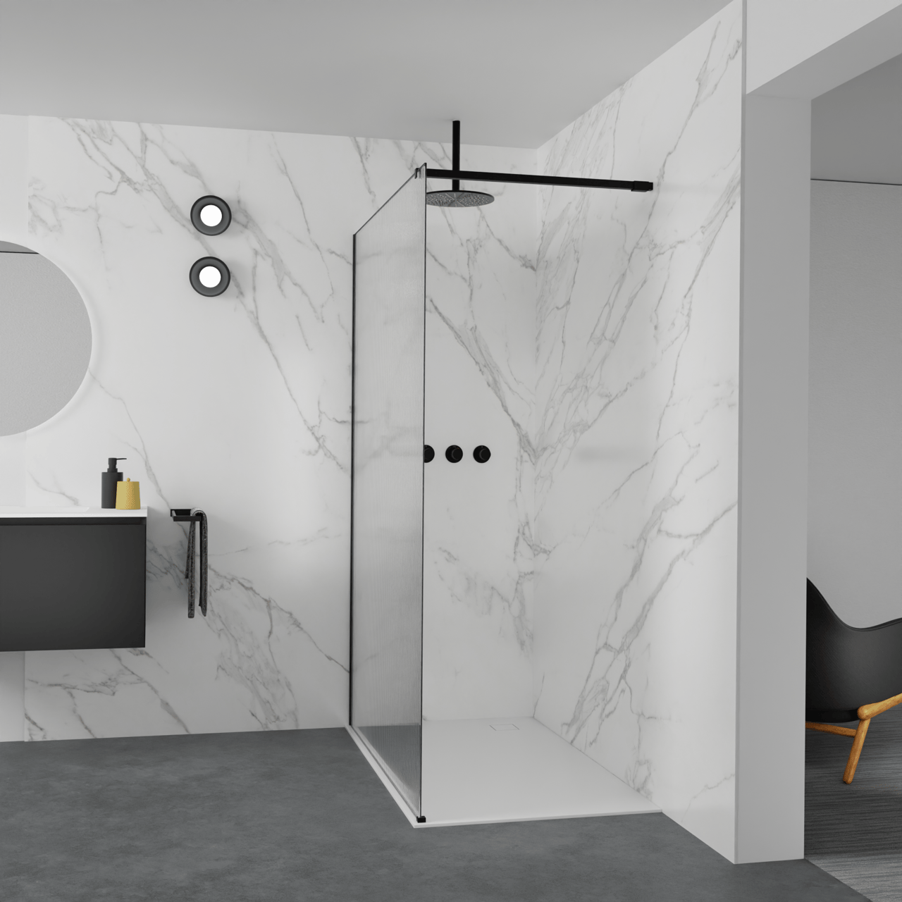 Balmani Modular Walk-In Dusche: 140 x 200 cm, Ribs, inklusive Coating, Profil Schwarz matt