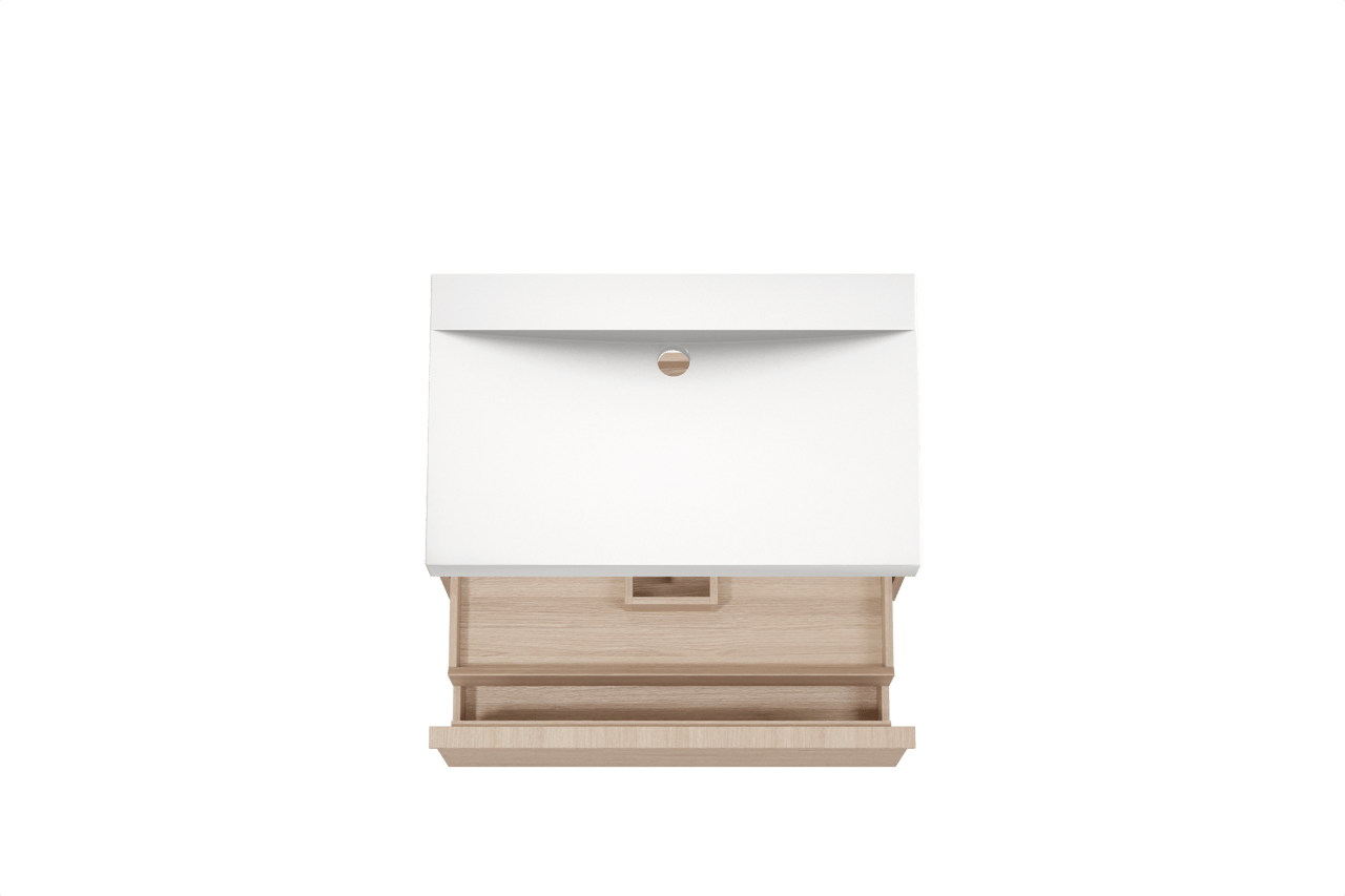 Balmani Forma hängendes Möbelstück Set: 90 x 55 cm, Naturbelassene Eiche, mit Wave Einzelwaschtisch, Solid Surface, Weiß matt, Horizontale symmetrische gerade Rippe