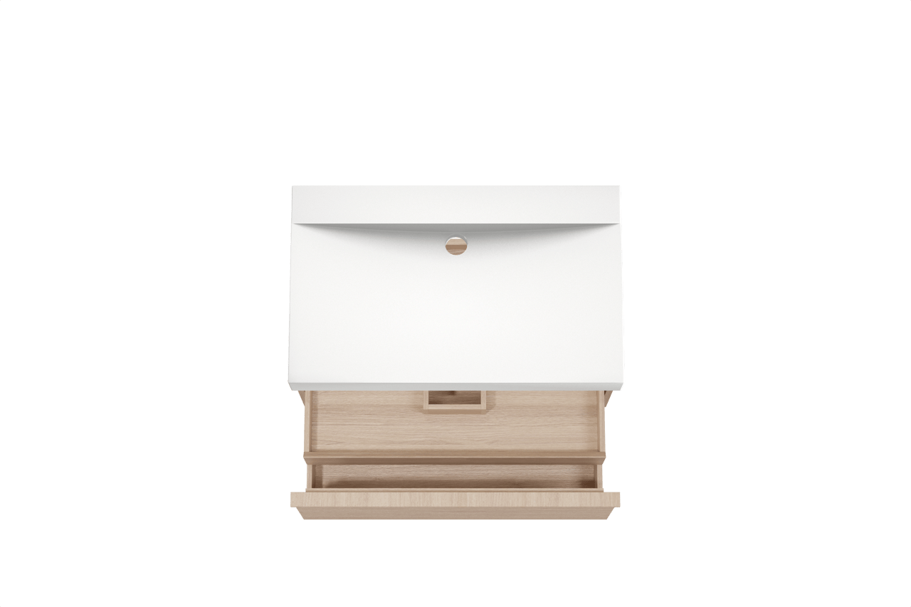 Balmani Forma zwevend badkamermeubel 90 x 55 cm natuur eik met Wave enkele wastafel in solid surface mat wit, Horizontale symmetrische rechte ribbel