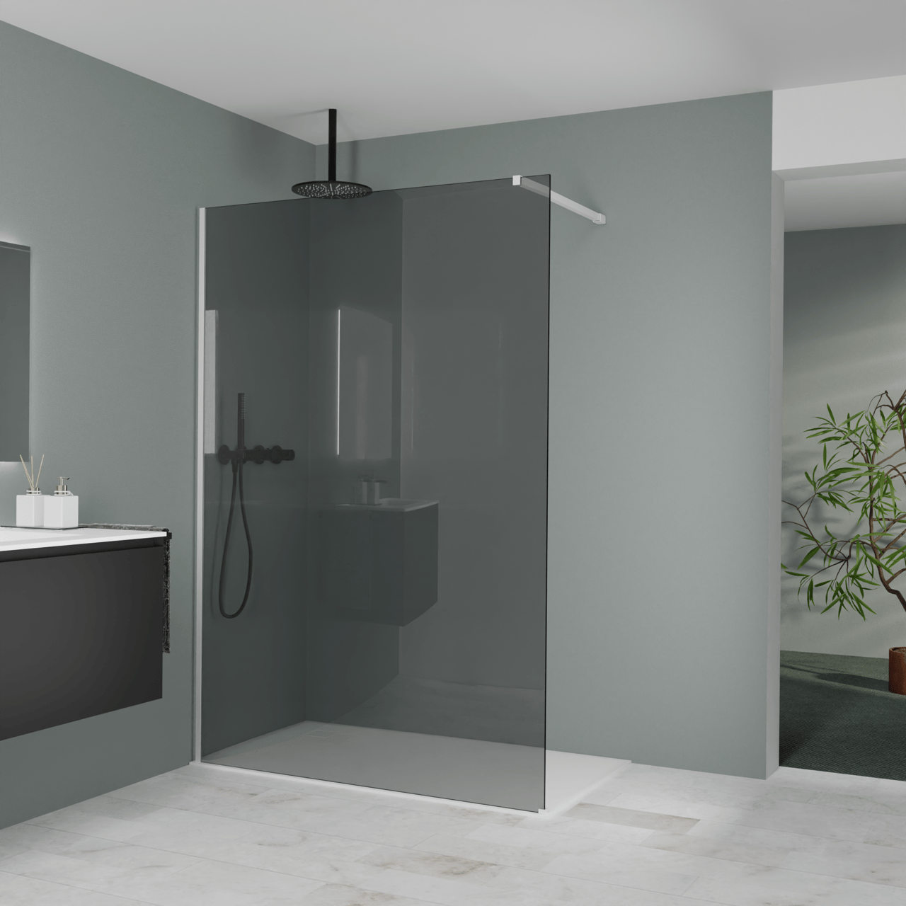 Balmani Modular inloopdouche: 140 x 200 cm, Rookglas, Mat witte profielen