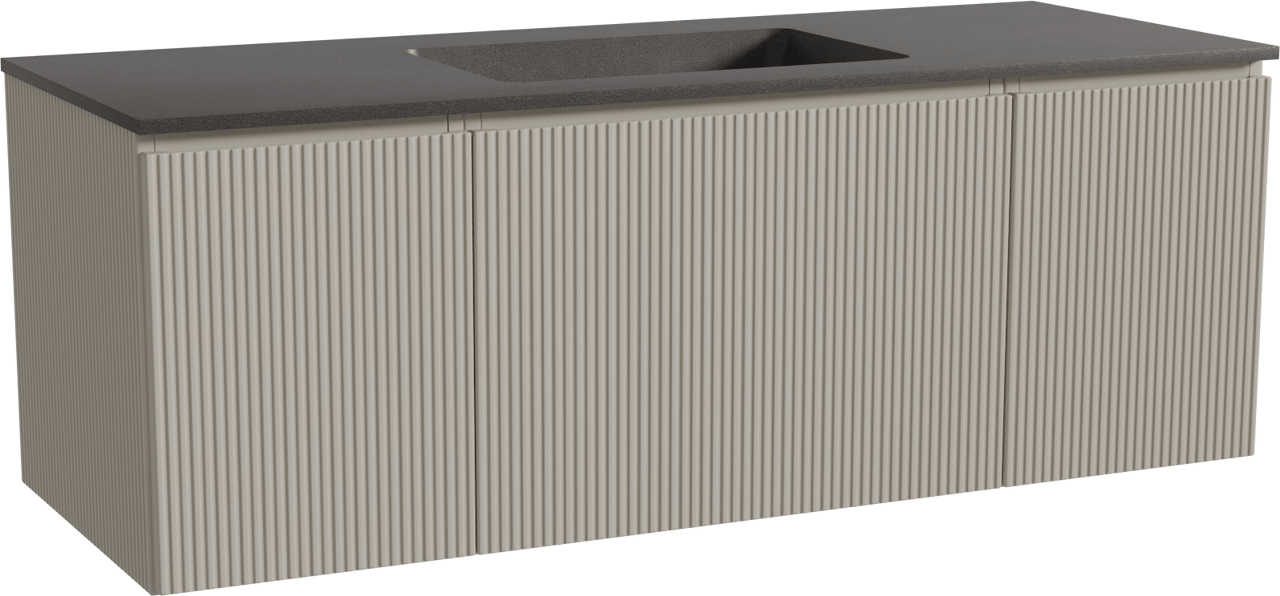 Storke Ribs zwevend badmeubel 135 x 52 cm zijdegrijs met Scuro enkele wastafel in kwarts mat zwart, Verticale symmetrische rechte ribbel