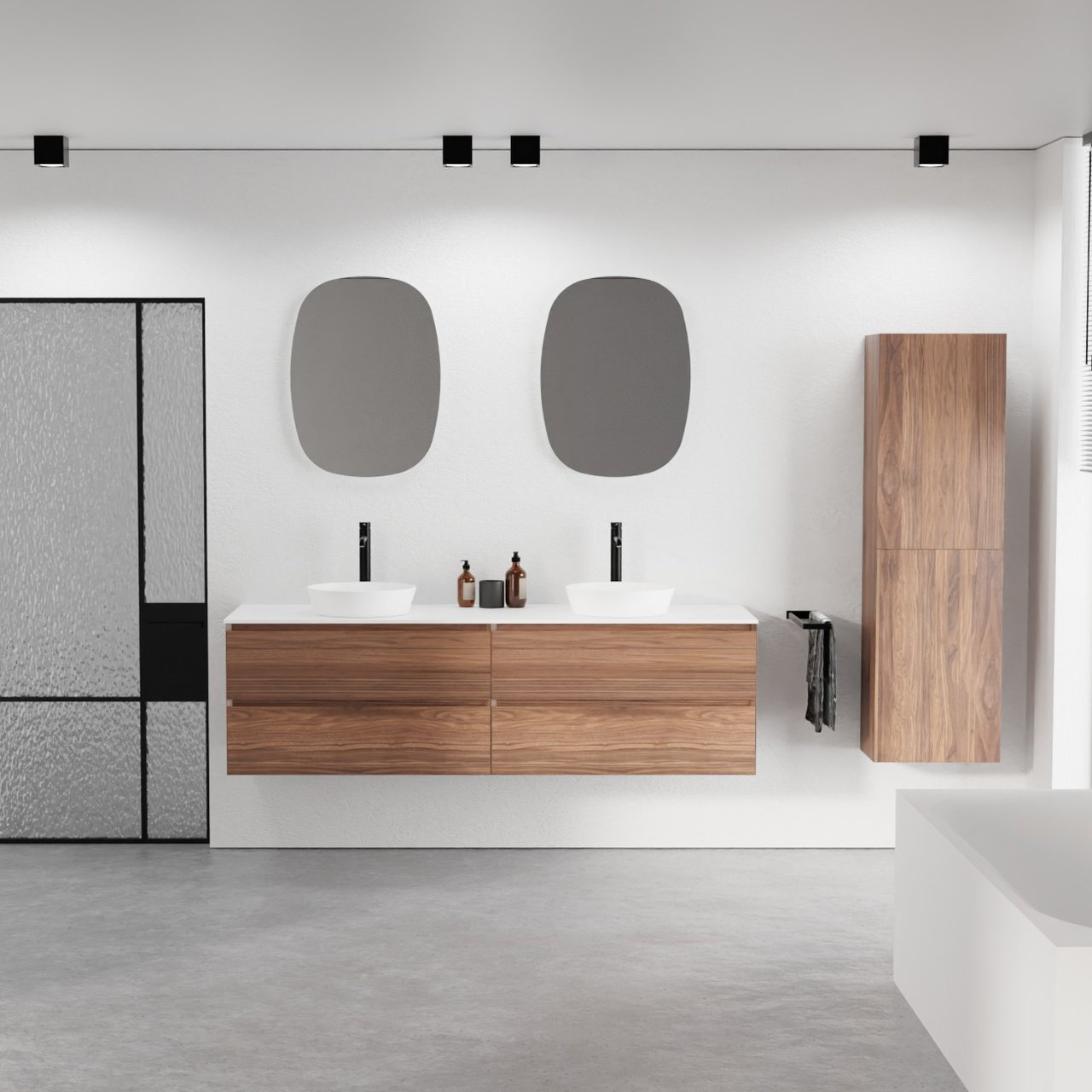 Balmani Mitra hängendes Möbelstück Set: 180 x 55 cm, Nussbaum, mit Stretto Einzel- oder Doppel Waschtischplatte, Solid Surface Weiß matt