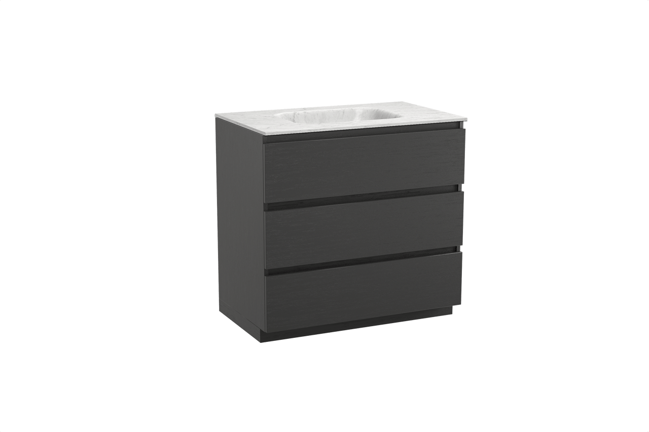 Balmani Lucida freistehendes Möbelstück Set: 90 x 55 cm, Schwarze Eiche, mit Tablo Arcato Einzelwaschtisch, Marmor Carrara