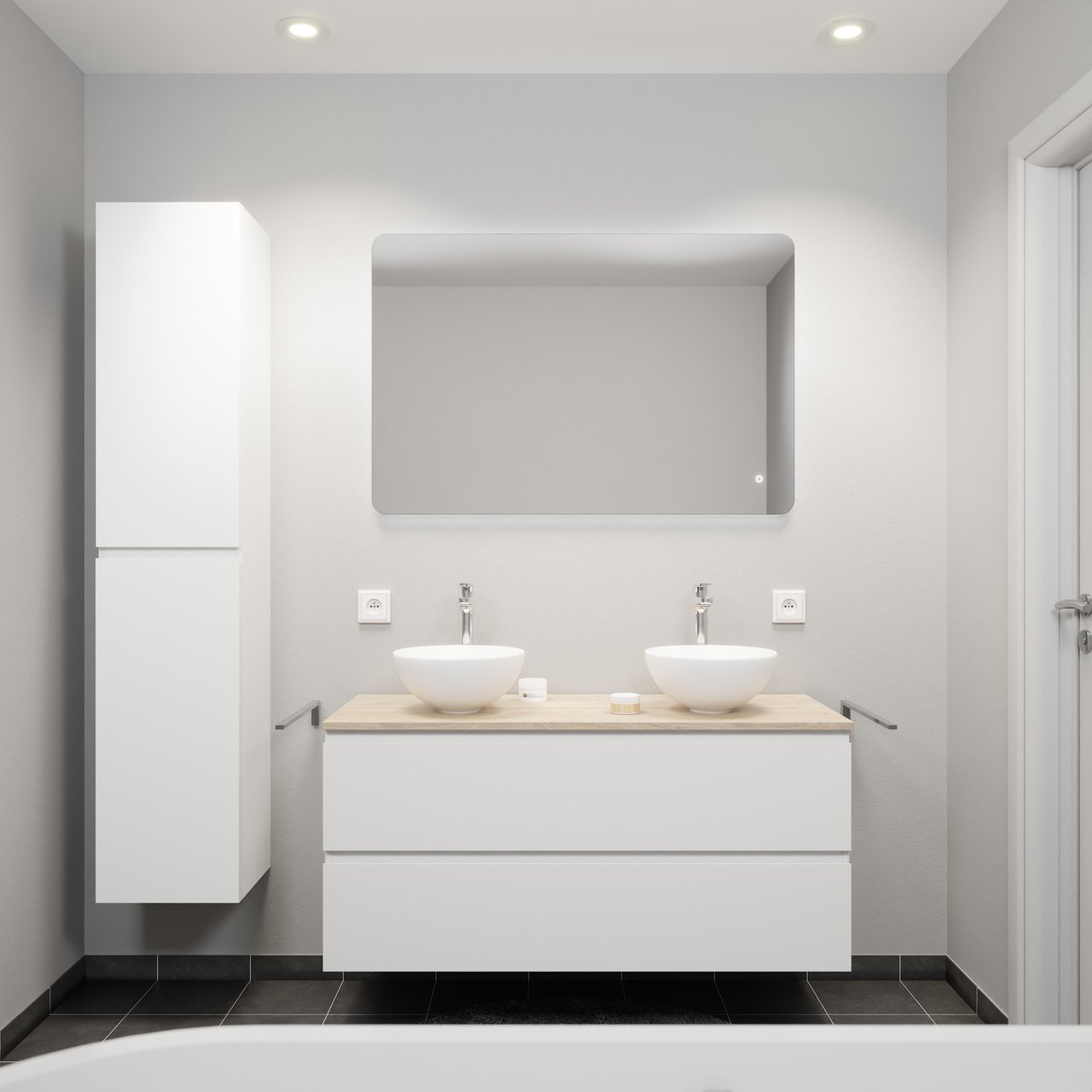 Linie Lado hängendes Möbelstück Set: 120 x 46 cm, Weiß matt, mit Lado Einzel- oder Doppel Waschtischplatte, Melamin Naturbelassene Eiche