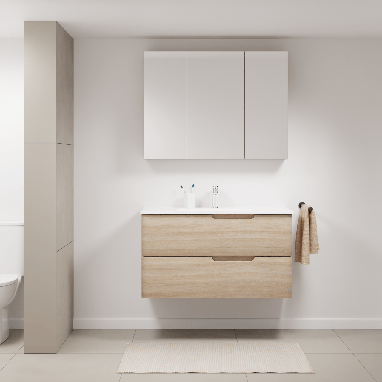 Linie Curvo zwevend badkamermeubel 100 x 46 cm lichte eik met Baro Curvo enkele wastafel in porcelein glanzend wit