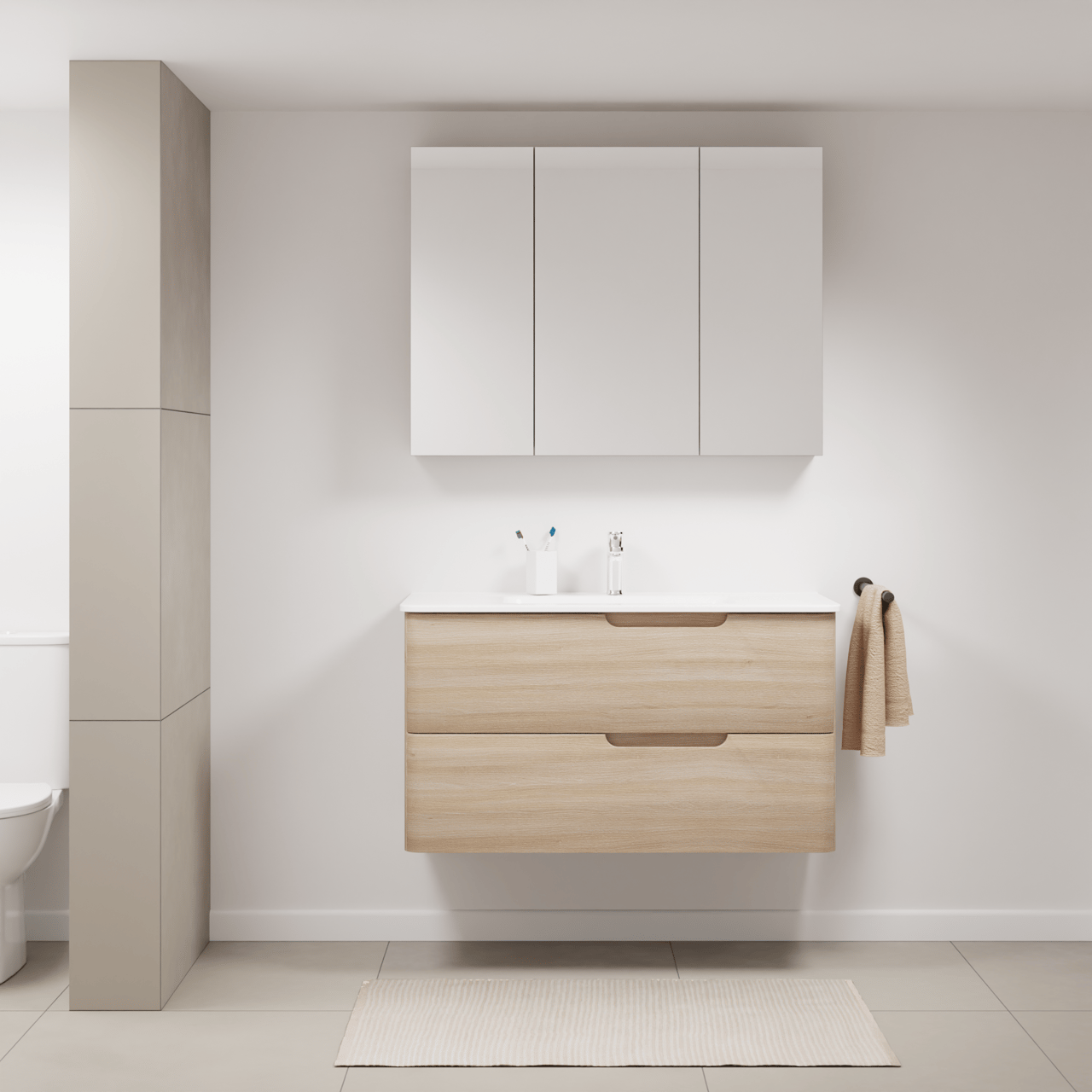 Linie Curvo hängendes Möbelstück Set: 100 x 46 cm, Eiche Hell, mit Baro Curvo Einzelwaschtisch Keramik Weiβ glänzend