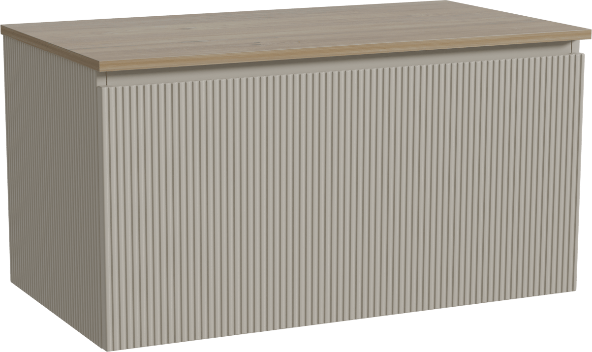 Storke Ribs zwevend badmeubel 95 x 52 cm zijdegrijs met Panton enkel wastafelblad in melamine ruw eiken, Verticale symmetrische rechte ribbel