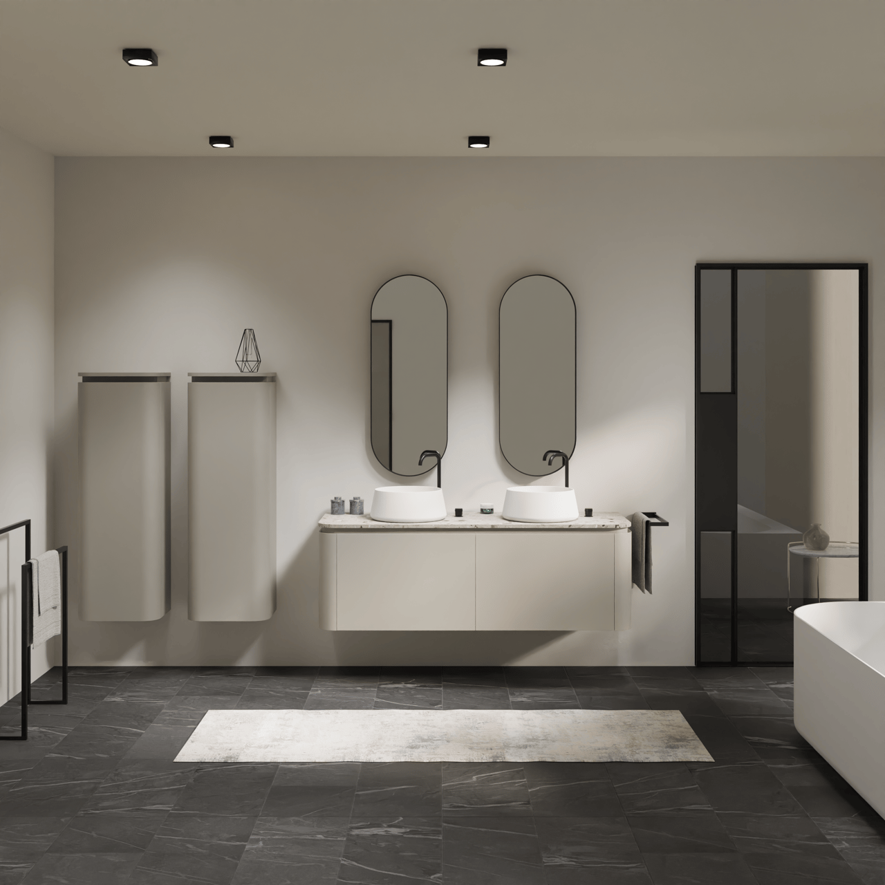 Balmani Moon hängendes Möbelstück Set: 160 x 55 cm, Seidengrau, mit Moon Einzel- oder Doppel Waschtischplatte, Terrazzo in Greige