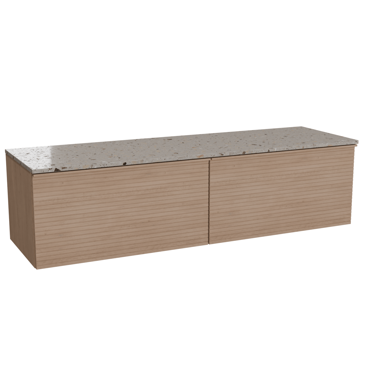 Balmani Forma zwevend badkamermeubel 180 x 55 cm natuur eik met Stretto enkel of dubbel tablet in terrazzo greige terrazzo, Horizontale symmetrische rechte ribbel