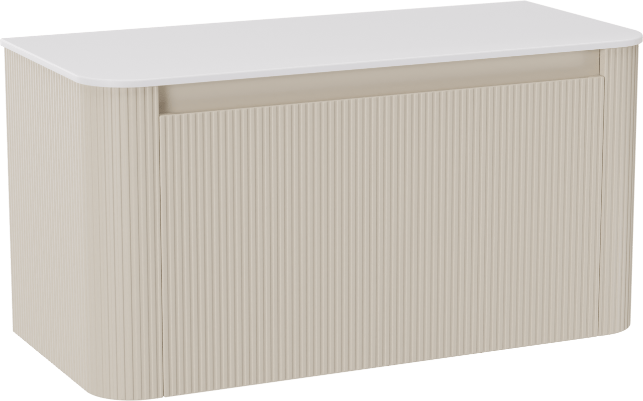 Storke Soft zwevend badkamermeubel 100 x 46 cm Sand mat met Tavola Soft enkele tablet in solid surface mat wit, Verticale symmetrische rechte ribbel