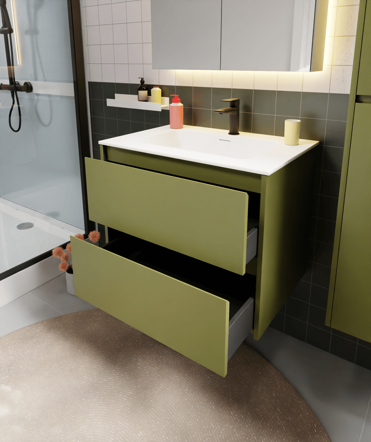 Storke Seda meuble sous-vasque suspendu 75 x 52 cm vert olive 2 tiroirs