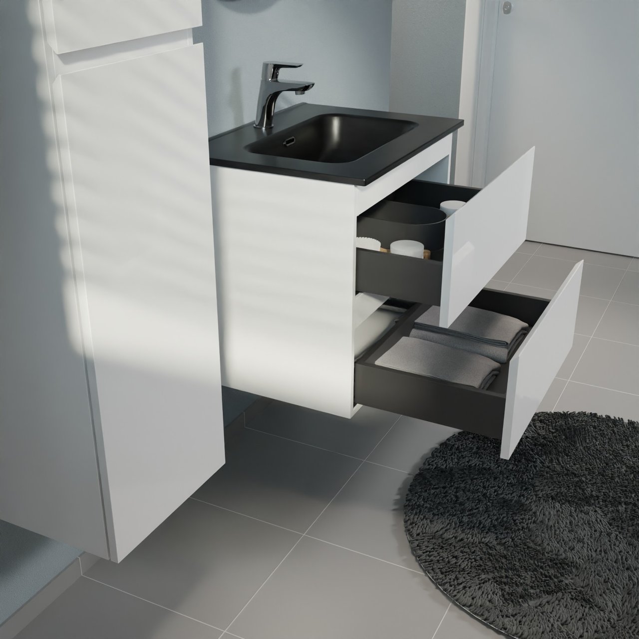 Linie Lado meuble salle de bains suspendu 60 x 46 cm blanc brillant avec Baro plan simple en porcelaine noir mat